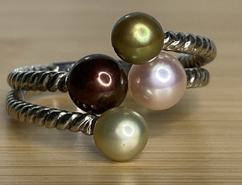 Sterling Silver 925 Multicolor Pearl 3 Row Rope Wrap Ring Size 7.5